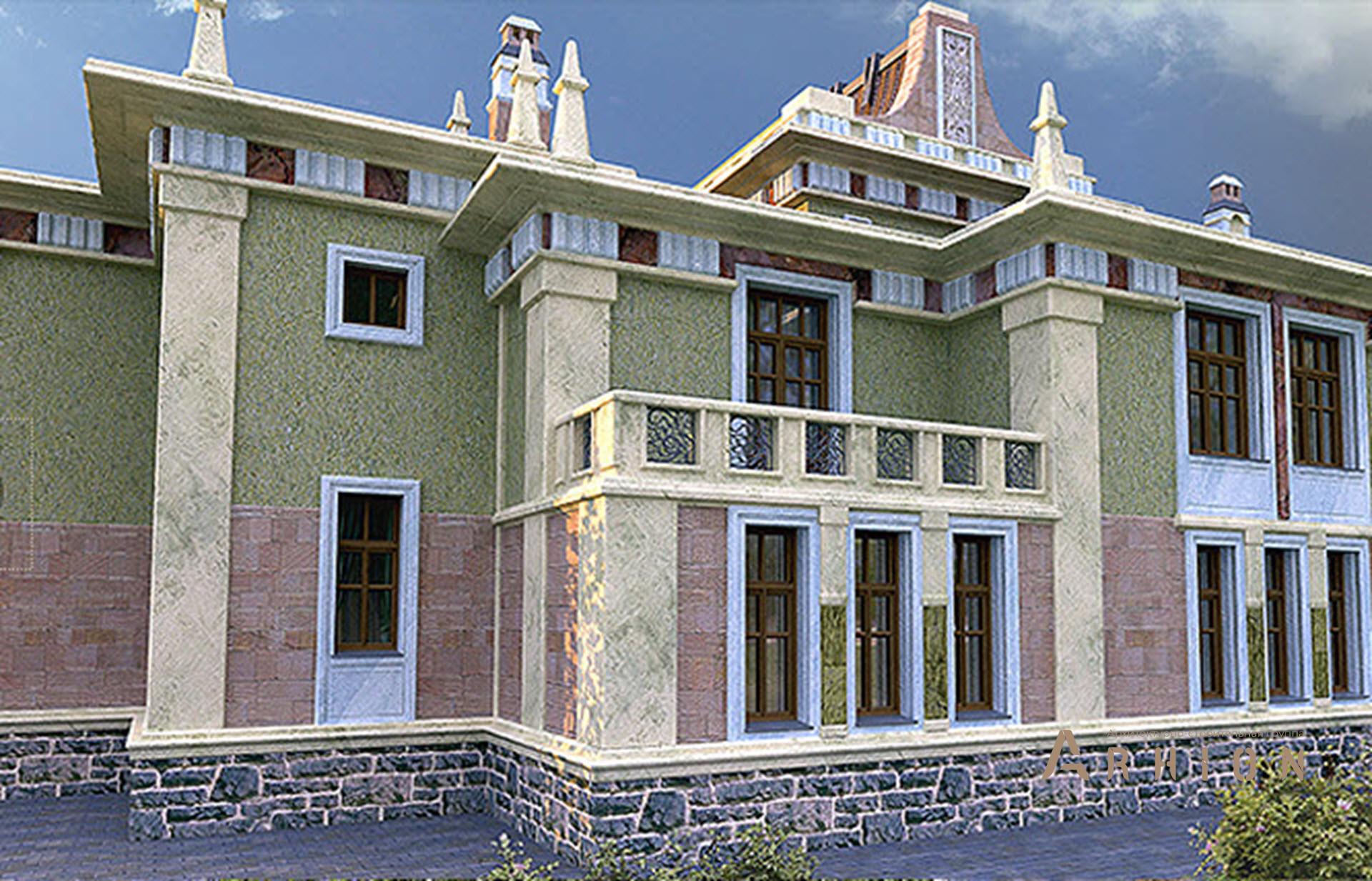 3. Проект двухэтажного дома в замковом стиле с многоскатной кровлей, SOV-2, площадью - 921 кв c цокольным этажом, терассой, балконом